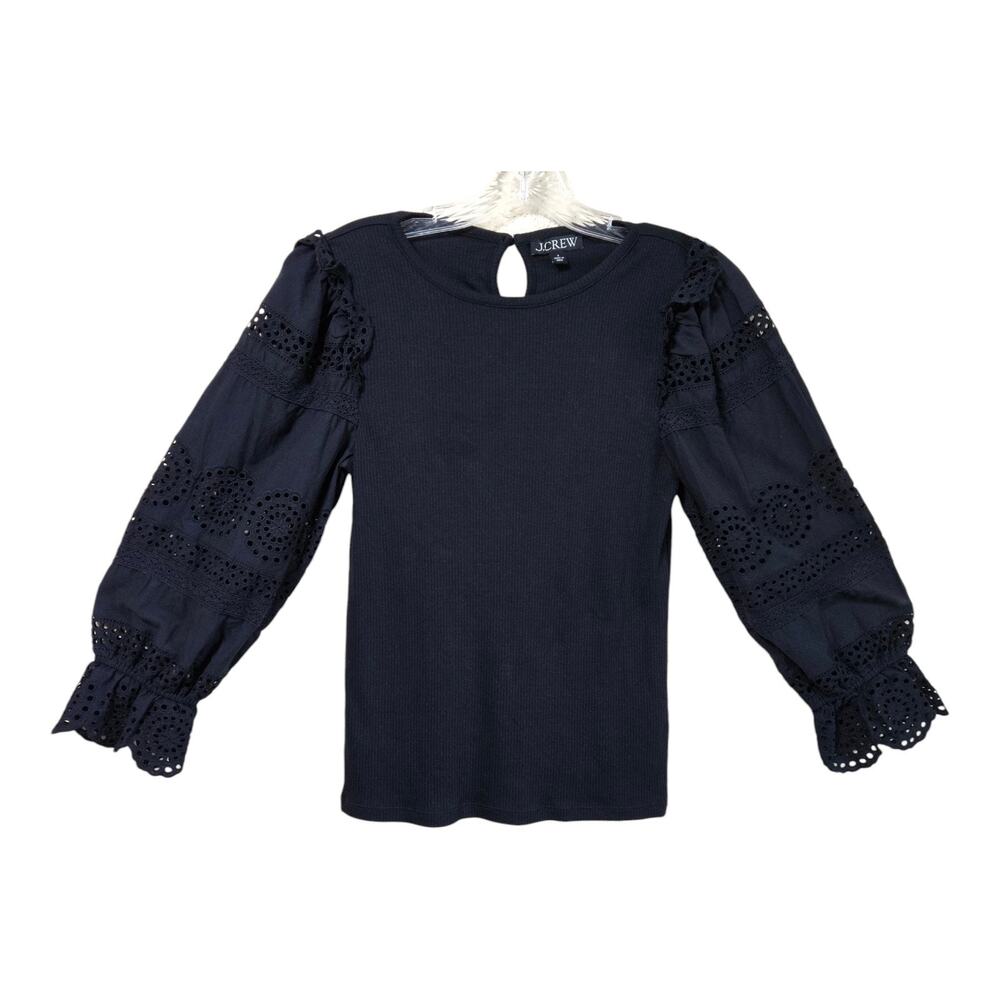 J CREW Women's S Blouse Black Ribbed Knit Eyelet Ruffle Sleeve Coastal Cottage